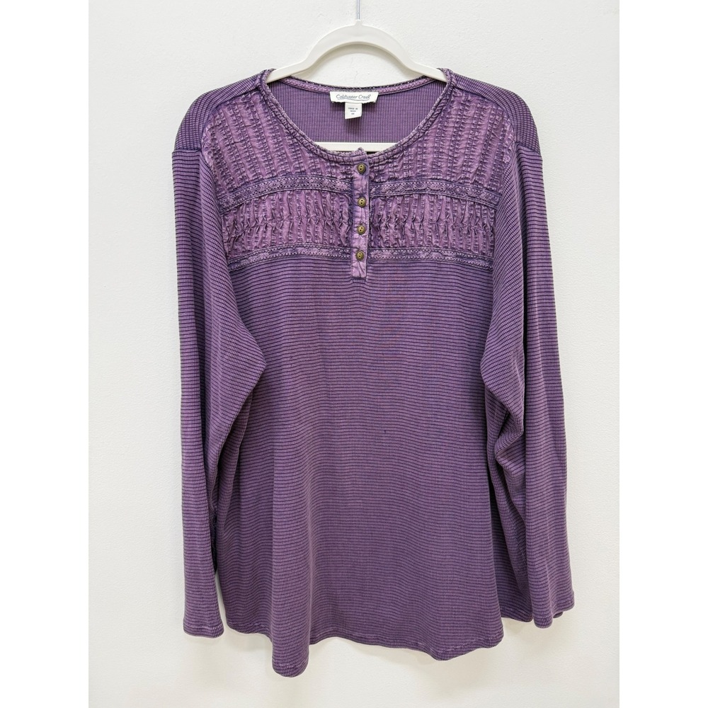 Coldwater Creek Henley Top 1X Purple Waffle Knit Pintuck Lace Long Sleeve